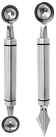 Honbay 2PCS Stainless Steel Double-Headed Melon Baller Scoop Fruit Carving Knife Dual-Purpose Cooking Spoon Kitchen Tools for Watermelon Cantaloupe Ice Cream Sorbet Dessert