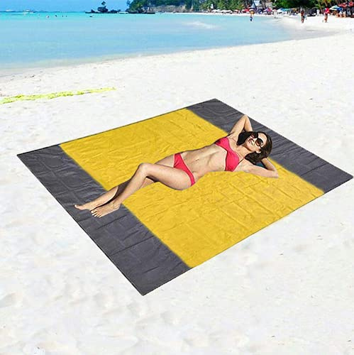 NC Coperta da Spiaggia,210 * 200CM Coperta Picnic Impermeabile Portatile,con 4 chiodi fissi fixed coperta da spiaggia portatile antisabbia per Campeggio, Picnic, Spiaggia, Escursionismo (giallo)