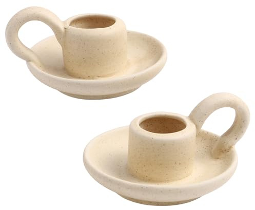 Angoily 2PCS Ceramic Candlestick Holder, Taper Candle Holder with Handle, Nordic Style Candlelight Stand Desktop Ornament for Table, Centerpiece, Wedding (Beige)
