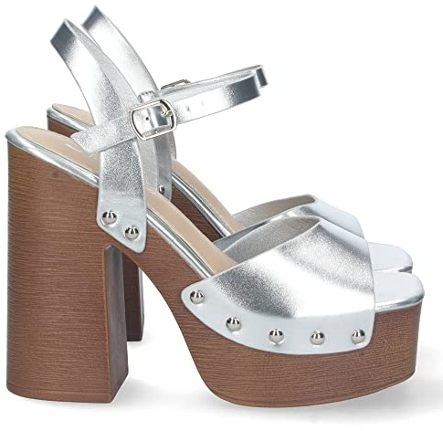 shoes&blues.es 72555 Sandalia de Tacon y Plataforma, para Mujer, Comodo, Material de Imitacion a Madera, Pala con Remaches, Talon Abierto, y Cierre de Hebilla Plata Talla 37