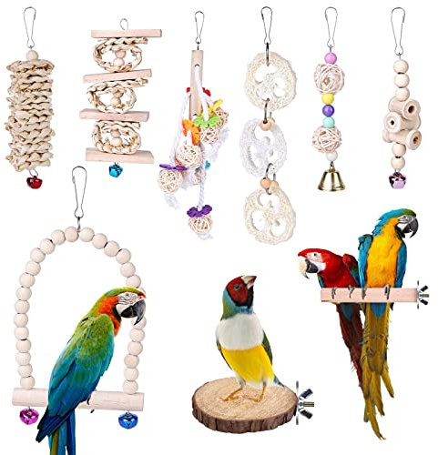 Jouets à Mâcher pour Oiseaux - Lot de 9 en Bois Naturel, Échelles, Balançoires, Cloches pour Perroquet, Perruches, Petite Aras, Inséparables