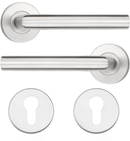 Bwintech 1 pezzi in acciaio inox opaco spazzolato set di maniglie per porte, montaggio per porte di camere, forma L, con Foro Euro per la rosetta