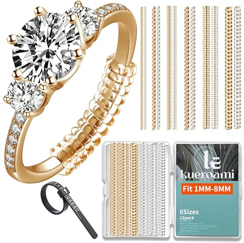 Lot de 12 Ajusteur de Bague Invisible Silicone, Réducteur pour Bagues Lâches, 6 Tailles 1-8mm, Spire Enroulée sans Abîmer, Femme Homme - Or Transparent