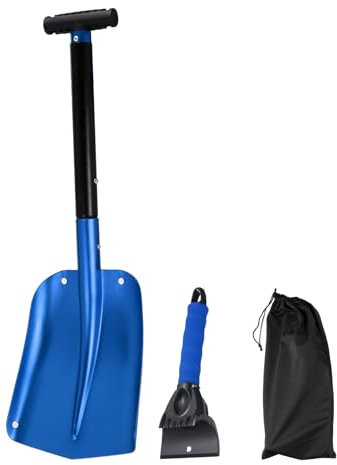 sourcing map Pala de nieve 3 en 1 de aluminio para quitar hielo, kit de eliminación de nieve de emergencia con bolsa de almacenamiento para coche, camping, jardinería, color azul