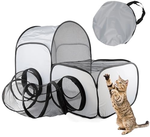 Faltbarer Katzenlaufstall mit Tunnel - Tragbares katzenzelt, katzenzelt und Katzen gehege Outdoor, katzengehege Indoor, Multifunktionaler Outdoor-Laufstall mit atmungsaktivem Netz (100 * 50 * 70 cm)