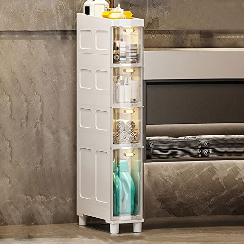 Armadietto da pavimento stretto alto e sottile, a 3/4/5 ripiani, con cassetti e rotelle in plastica, salvaspazio, per articoli da toeletta e carta igienica in piccoli spazi