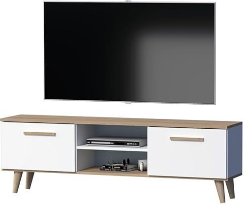 GERMAN TV-Schrank, Lowboard 160 cm, Skandinavisches Design, Weiß/Eiche, TV-Möbel für Fernseher bis 70 Zoll, mit Türen und Regalfächern