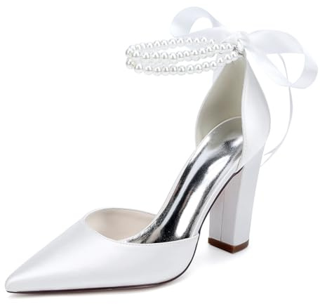 Scarpe da Sposa con Tacco A Blocco Perle Décolleté da Donna in Raso Cinturino alla Caviglia A Punta Scarpe De Feste ZK1275-01S CG,Bianca,37 EU
