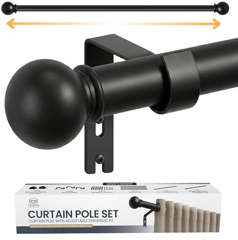 Extendable Curtain Poles 87-243cm - Adjustable Metal Curtain Poles for Eyelet Curtains with Ball Finials & Curtain Rod with Wall Brackets, Easy Install Black Curtain Rail for Windows (16mm Diameter)