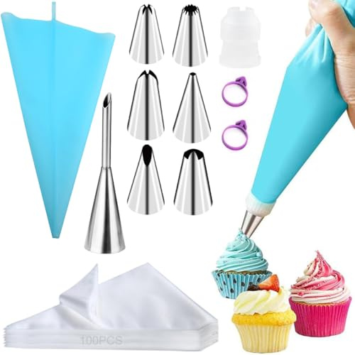 100 Piezas Profesional Mangas Pasteleras Desechables 20 x 30cm + 7 Boquillas de Repostería + 1 Manga Pastelera EVA + 1 Boquilla para Pasteles + 2 Gomas, Accesorios para Decorar Pasteles y Galletas
