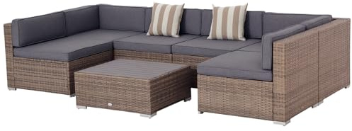 Outsunny Salotto da Giardino Esterno in Rattan da 7 Pezzi, Set di Mobili con Tavolino e Divano Modulabile con Cuscini, Grigio
