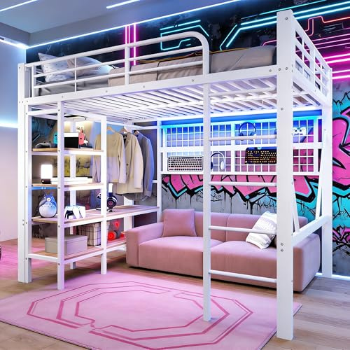 Cama alta de 140 x 200 cm con tira luminosa LED y barra para colgar ropa, de metal, litera con estantes y red para colgar objetos, estructura de la cama, camas para adar, sin colchón (blanco)