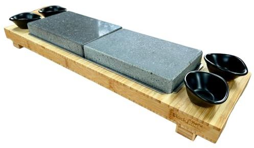 Black Rock Grill Signature Steak Raised Sharing Stone Set – Premium Hot Stone Cooking Gift Set for 2 People – 2x Large Lava Rocks, Bamboo Board, 4 Dipping Pots & Underplate.
