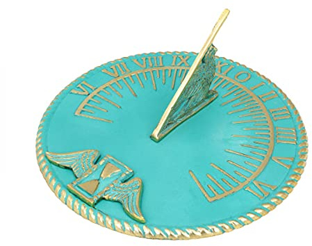 Renovators Supply Manufacturing Reloj de sol con acabado verdigris de latón macizo de 10 pulgadas de diámetro vintage con esfera de sol para jardín o césped, regalo de jubilación, aniversario, boda,
