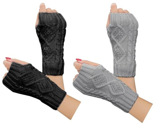 Justay Women Winter Warm Knit Fingerless Gloves Hand Crochet Thumbhole Arm Warmers Mittens
