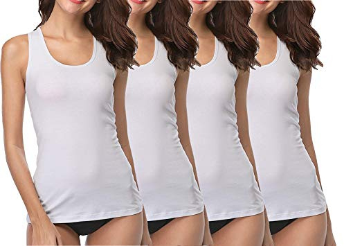 BestSale247 4 | 8 stycken damundertröjor – linne i vitt extra lång med vacker spets av 100 % kammad bomull utan sidosömmar – storlekar 36–38 till 56–58, 4 stycken | Tank Top vit, 40/42 SE