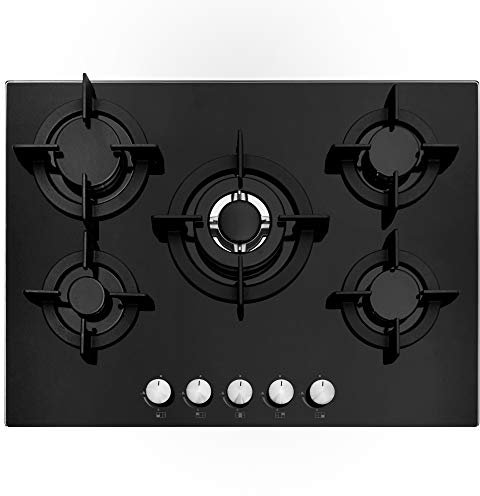 Cookology GGH705BK 70cm Cooktop Burner Gas Hob in Black - 5 Cooking Zones - Cast Iron Pan Supports - Wok Burner - Automatic Ignition Dials - Flame Failure safety