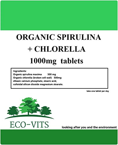 ECO-VITS Organic SPIRULINA & CHLORELLA (1000mg) 120 TABS. Biodegradable Packaging. Sealed Pouch