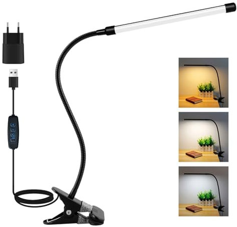 Akynite 8W Schreibtischlampe Klemmbar Schwarz, Adapter Enthalten, USB Klemmlampe mit Kabel, 3 Farbwechsel & 10 Helligkeit, Leselampe Bett Klemme, Flexibel Schwanenhals Lampe Klemmleuchte