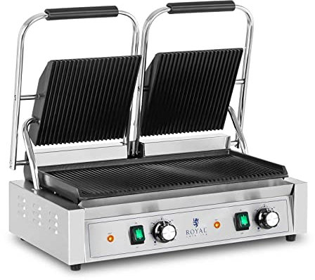 Royal Catering RCPKG-3600-R Doppel Kontaktgrill Gastro 3.600 W geriffelt 50-300 °C 2 obere Platten: 21 x 21, untere Platte: 48 x 23 cm