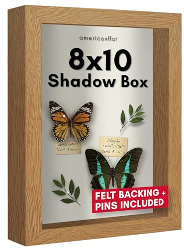 Americanflat 8x10 Shadow Box Frame in Dark Oak with Soft Linen Back - Large Shadow Box with Engineered Wood and Shatter Resistant Glass for Wall and Tabletop