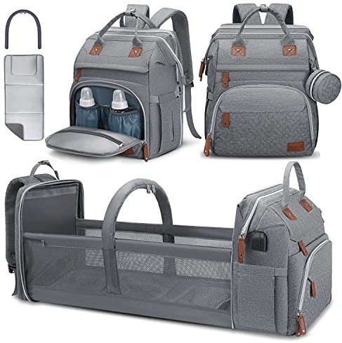 DERJUNSTAR Diaper Bag Backpack – Large Capacity Baby Diaper Bag with Changing Pad, Waterproof Travel Backpack for Boys & Girls, Multi-Function Baby Bag with USB Charging Port, Grey