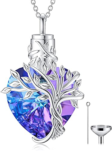TOUPOP Ashes Jewellery for Women Heart Tree of Life Urn Necklace for Ashes Sterling Silver Cremation Jewelry with Crystal with Funnel Filler Memorial Jewelry Gifts for Women Girls