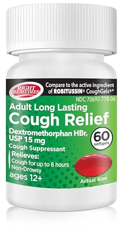 RIGHT REMEDIES Cough Relief Softgels, Dextromethorphan HBr 15mg, up to 8-Hour Long-Lasting, Non Drowsy Bronchial Suppressant, Generic Coughgels Compare to National Brand (60 Softgels)