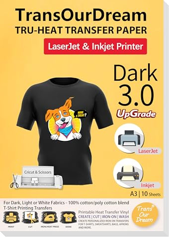 TransOurDream 10 Sheets A3 Upgraded Dark 3.0 for Inkjet & Laser Printer | Tru-Transfer Paper Iron On Heat Transfer Paper for Dark Fabric Black T-Shirts Printable Vinyl(Trans-033-10)