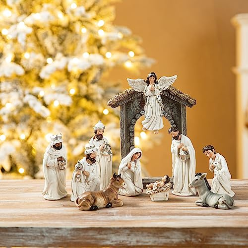 Glitzhome Nativity Sets Ivory 11Pcs Resin Nativity Figurines Sets for Christmas Indoor, Removable Angel Holy Family Statues Christian Nativity Tabletop Scenes Ornaments Church Decor 8 x 20.75