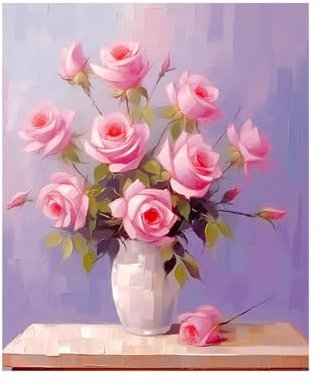 Quadro Dipinto A Mano, Vaso Con Bouquet Di Fiori Di Rose Rosa Moderno Astratto Natura Morta Opera D'Arte Dipinti Ad Olio A Mano Senza Cornice Su Tela Wall Art Per Soggiorno Camera Da Letto Ufficio
