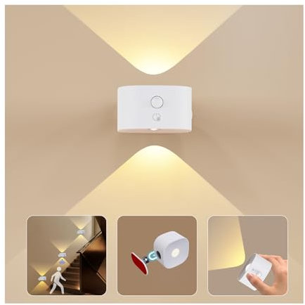 Luz Led con Sensor de Movimiento, Aplique Pared Interior con BateríA Recargable 3 Niveles de Brillo Control TáCtil 360° Giratoria, Lamparas Sin Cables para Salones, Pasillos, Escaleras, GaleríAs