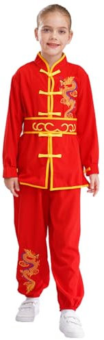 Agoky Junge Tang Anzug - Chinesische Traditionelle Kostüm Kampfkunst Kung Fu Uniform Drache Stickerei Anzüge Langarm Tops mit Hosen Rot A 170