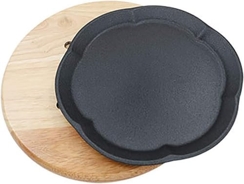HPTHLY Fuente para Servir chisporrote de Hierro Fundido presazonada/Bandeja para Carne con Soporte de Madera,Plato para Carne chisporroteante de Hierro Fundido-C,Grande