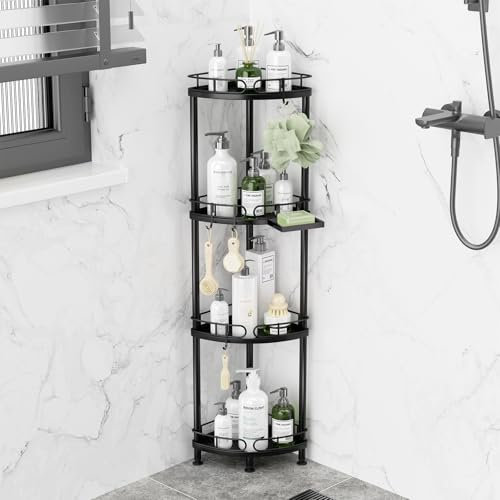 SWTYMIKI Corner Shower Caddy Standing - 4 Tier Stainless Steel Shower Organizer Stand with 4 Hooks & Soap Holder, Rustproof Metal Standing Tall Floor Shower Shelf and Bathroom Organizer, Black