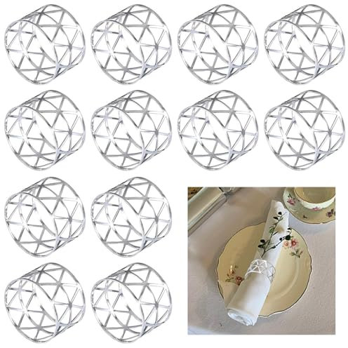 Ryvera Serviettenringe Weihnachten Silber, 12 Stück Metall Serviettenring, Serviettenschnallen Vintage,Servietten Ringes Napkin Rings für Weihnachten Jubiläum Geburtstag Hochzeit Party Tischdekoration
