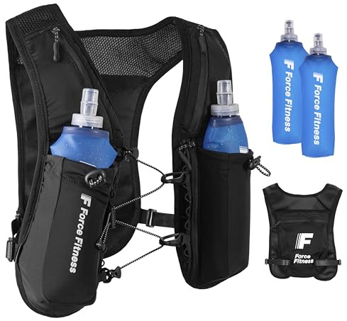 Force Fitness Carrera Hidratante - Con 2x 500ml Softflasks – Chaleco ligero Trail Running con Bolsas para Teléfono y Llaves – Carrera ajustable para Maratón y Fitness