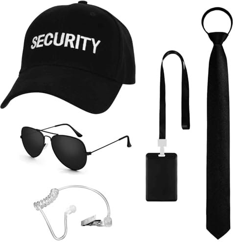 BTHRORO Déguisement de Costume d'Agent de Sécurité, Agent de mariage Casquette de Sécurité Cravate Oreillette Lunettes de Soleil Badge d'Identité pour Hommes Garçons Halloween Jeu de Rôle Accessoires