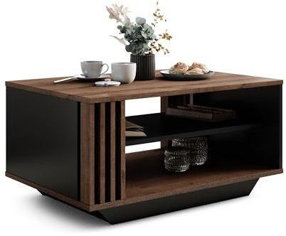 Viosimc Couchtisch, Wohnzimmertisch mit modernen Lamellen, moderner und stilvoller rechteckiger Kaffeetisch mit Ablage, stilvolle Ergänzung für jedes Wohnzimmer – Braun Eiche & Schwarz