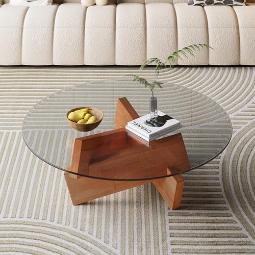 Mid Century Couchtisch aus Glas, runder Mitteltisch mit massivem dreieckigem Holzsockel und klarer Tischplatte aus gehärtetem Glas, zeitgenössischer runder Cocktailtisch für Wohnzimmer, Heimbüro,