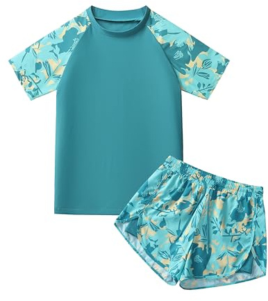 Rashguard-Set für Jungen, zweiteilig, Badeanzüge für Kinder, kurzärmelig, Badehose mit Kompressionsfutter, LSF 50+ (5–16T), grün, 150 cm