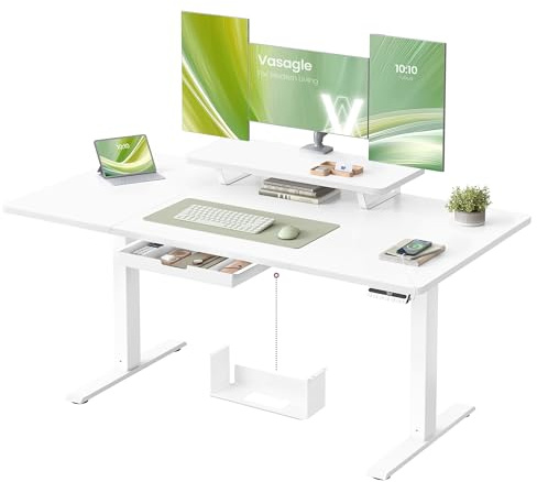 VASAGLE Electric Standing Desk, Height Adjustable Desk, 140 x 70 cm, Flexible Monitor Stand and Drawer, USB-C Port, Sedentary Reminder, for Home Office, Cloud White LSD154WB02