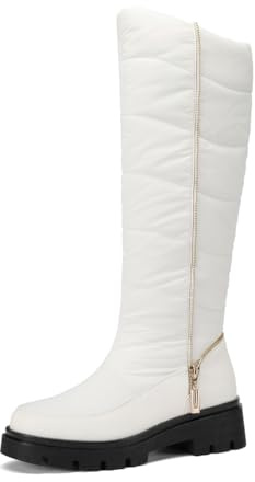 TNMIUH Botas de Invierno Caña Alta para Mujer, Suela Antideslizante con Cremallera Lateral, Negro y Blanco, Casual con Plataforma, Botas de Nieve Largas con Forro de Felpa,Blanca,38 EU