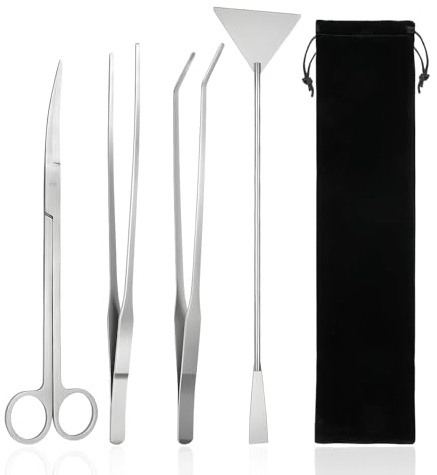4 stycken akvarium aquascaping-verktyg, långa rostfria vattenväxter verktyg, akvariesax tång spatel pincett verktygsset, rengöringsset, för fisk tank rengöring växt trimning