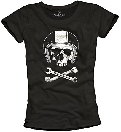 MAKAYA Magliette con Teschio - Casco Moto - T-Shirt Donne Motocross Vintage Nera M