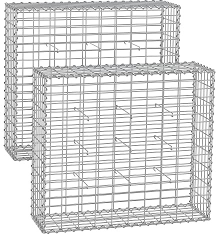 SONGMICS Gabion Baskets, Metal Gabion Cages with 5 x 10 cm Mesh for Stones, Galvanised, Garden Decor Wall Partition, 100 x 90 x 30 cm, Set of 2, Silver GGB293V1