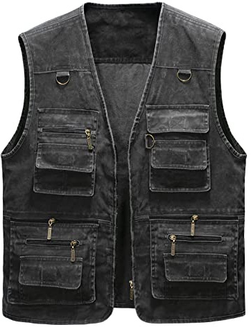 Oralidera Hombre Chaleco Tipo Safari Multibolsillos Chaleco Exterior de Algodón Chaleco de Pesca Fotografía Chaquetas sin Mangas de Trabajo Chaleco de Caza, Negro, M