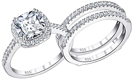 Blongme 2.66CT Wedding Engagement Rings Set for Women 925 Sterling Silver Cushion Halo CZ Wedding Bands Promise Bridal Ring Enhancer for her Size 8