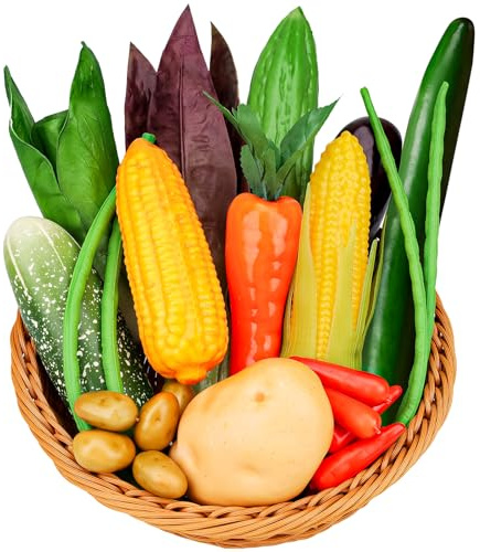 Meiwlong 22 Pcs Fake Vegetables Set,Realistic Plastic Fake Fruit and Vegetable Decoration,Artificial Vegetable for Home Kitchen Decor, Fake Veggies Corn Cucumber for Photography Props Display