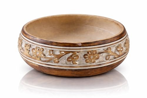 Global Village Bazaar Hermoso tazón decorativo de madera de mango, Hecho a mano para servir frutas secas, chips, mesa de café, mostrador, llavero, vajilla, cocina, sala de estar, Blanco 15 x 5 cms
